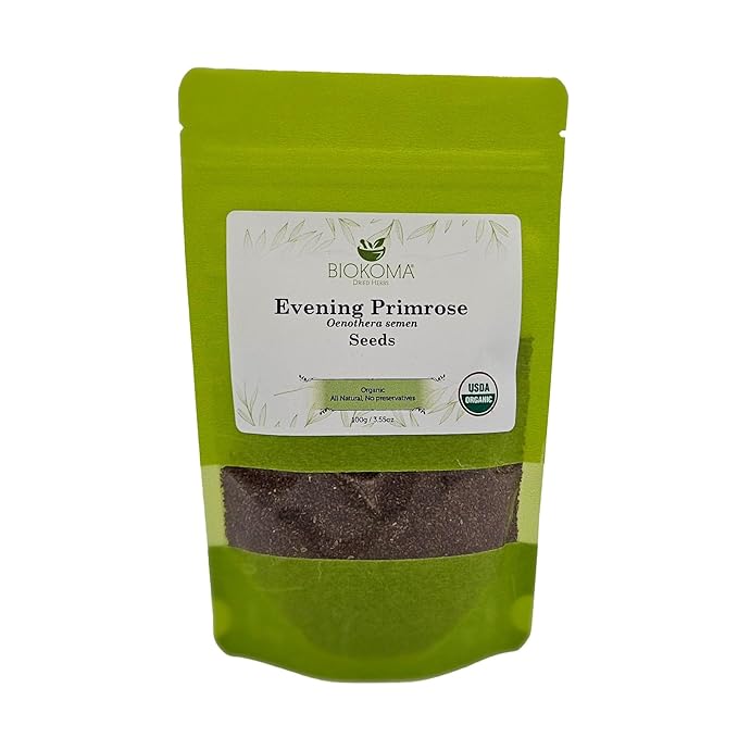 Biokoma Organic Evening Primrose Seeds 100g 3.55oz USDA Organic Oenothera Biennis GLA Omega-3 Hormonal Balance Skin Health Resealable Moisture Proof Pouch Herbal Tea No GMO No Preservatives Kosher