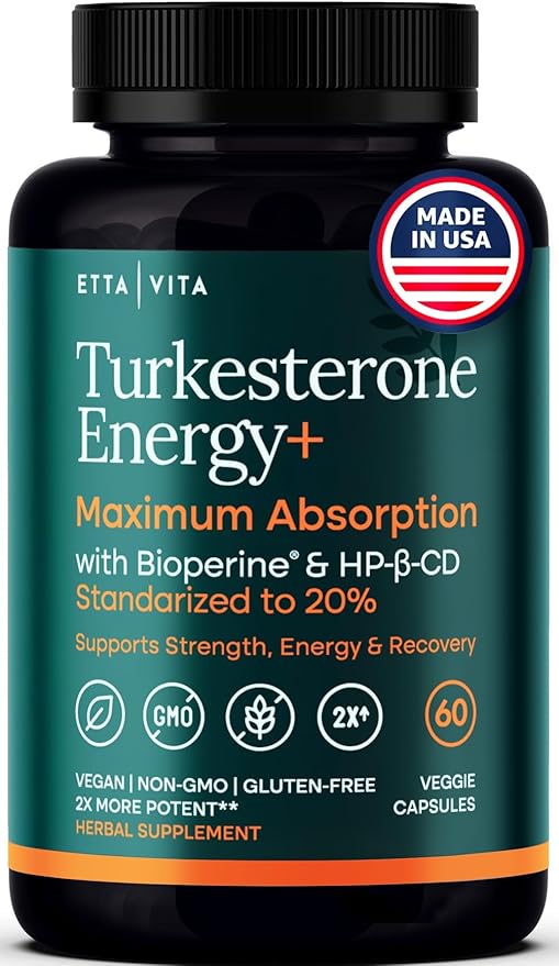 Potent Turkesterone Supplement, 2X Pure (Made in USA - 3rd Party Tested) Most Bioavailable and Natural Test Support Supplement, Supports Energy Lean Muscle Health, Recovery and Stamina, Vegan (60ct)