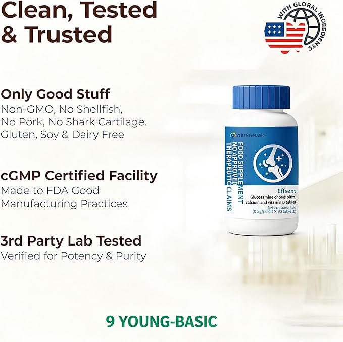 Glucosamine Chondroitin with Calcium + Vitamin D3, 4 in 1 Health Supplement for Joint Repair, Nourishment, strengthening and Reinforcement, Sugar Free Vegan, 90 Tablets Orally