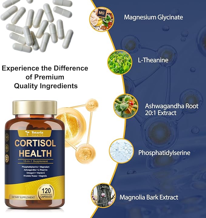 Totaria Cortisol Supplement with Ashwagandha,Magnesium,Rhodiola Rosea,L Theanine,Hormone Balance for Women Mood, Focus, Sleep Support 120 Vegan Capsules (Pack of 2)