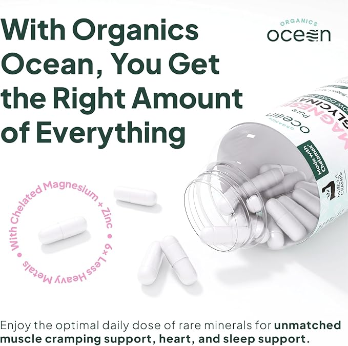 Organics Ocean Pure Magnesium Glycinate with Zinc - Maximum Strength Chelated Magnesium Supplement for Women and Men for Muscle Cramps and Sleep Support - 2 Bottles