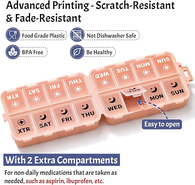 Foldable Weekly Pill Organizer 2 Times a Day with 2 Extra Compartments (Clear Printed Labels) - Portable 7 Day AM PM Medicine Box, Week Daily Travel Pill Case Holder for Vitamin, Supplement - Pink