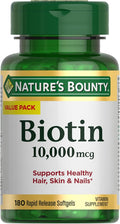 Nature's Bounty Biotin Hair Skin and Nails Vitamins, Supports Healthy Hair, Skin and Nails, 10,000 mcg, Rapid Release Softgels, 180 Ct