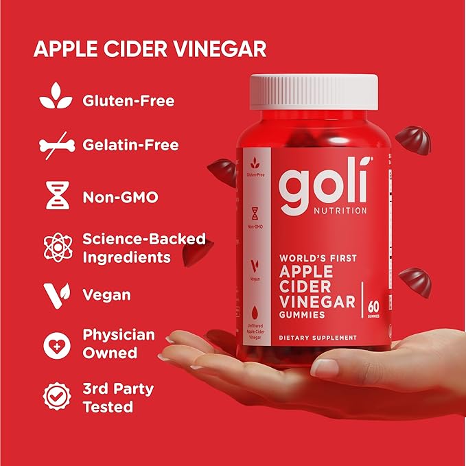 Goli Apple Cider Vinegar Gummies - Worlds First ACV Gummy with Vitamin B12, Beetroot & Pomegranate - Vegan, Non-GMO, Gluten-Free, 180 Count (3 Pack)