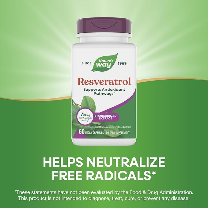 Nature's Way Resveratrol, Supports Antioxidant Pathways*, Helps Neutralize Free Radicals*, with Polyphenols from Red Wine Extract, 75mg per 2-Capsule Serving, Vegan, 60 Capsules (Packaging May Vary)