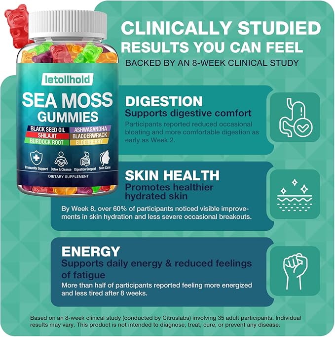 Sea Moss Gummies - Irish Sea Moss Gummies Advanced for Adults with Ashwagandha Bladderwrack & Burdock Root for Supports Immune，Energy - 60 Vegan Gummy,2PCS
