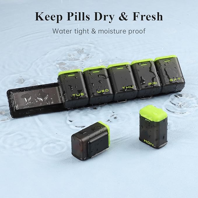 KOVIUU Weekly Pill Organizer Magnetic, Removable Pill Box 7 Day 1 Time a Day, Large Pill Case Travel, Week Once Daily Medication Dispenser, Medicine Container Holder for Supplement Vitamin, Green