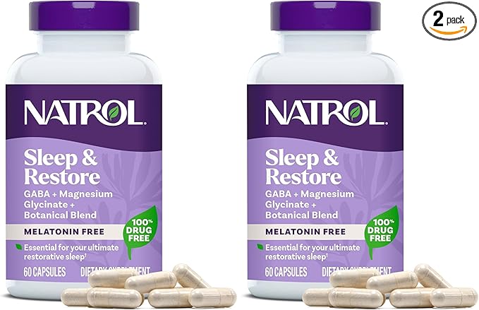 Natrol Sleep & Restore Capsules with Magnesium Glycinate 100mg,GABA,Essential for Your Ultimate Restorative Sleep,Melatonin-Free,30 Day Supply,(Pack of 2)