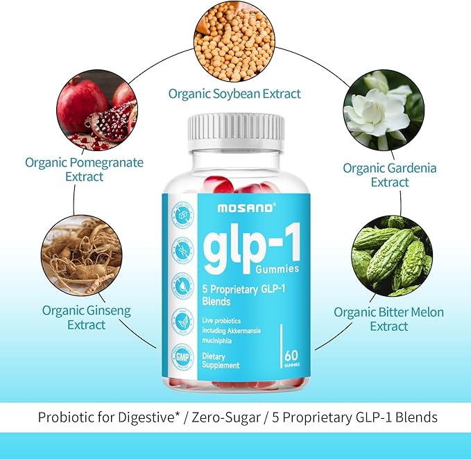 GLP-1 Probiotic Gummies, GLP-1 Supplement with Akkermansia Probiotic, Berberine, No Sugar Added for Gut & Digestion Health,Strawberry Flavor-60 Gummies