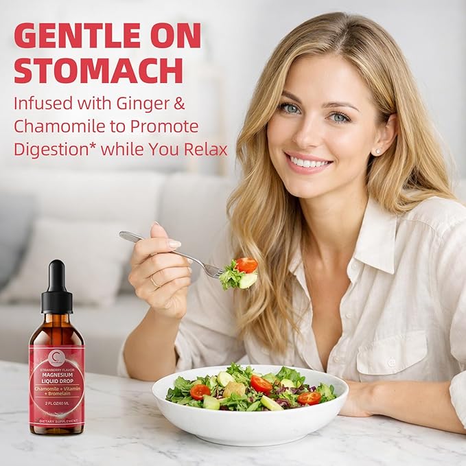 Magnesium Glycinate Liquid Drops with Chamomile, Hawthorn & Ginger for Stress Relief and Digestive Comfort, Fast Absorption, Non-GMO, Vegan Formula, Sugar Free, Strawberry Flavor, 2 Fl OZ