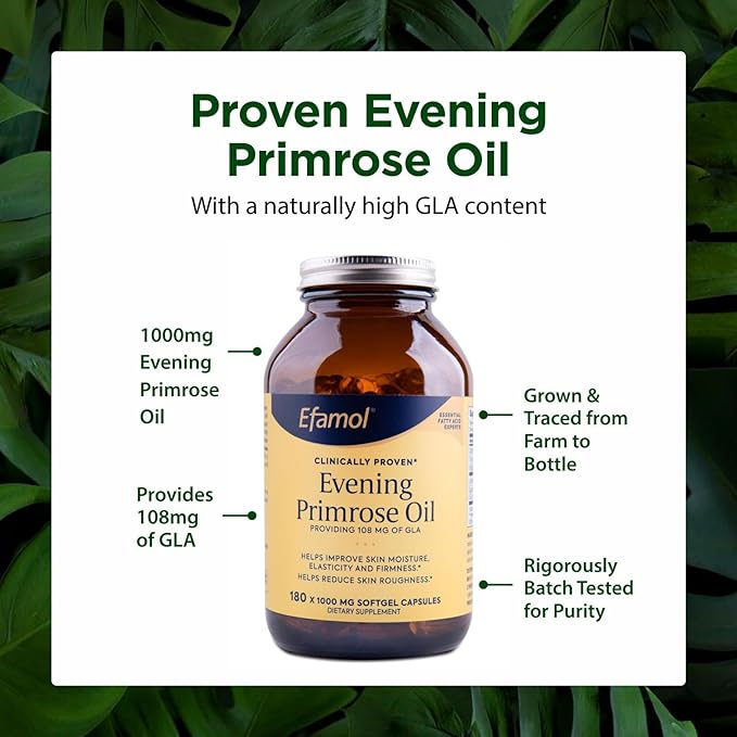 Efamol Pure Evening Primrose Oil - Natural Skin Supplement - Aids with Skin Firmness, Hydration, Wrinkles & Smoothness - with Omega-6 GLA - 180 Softgels