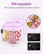 Pill Organizer with 7 Compartments, Pill Box Case for Holding 7 Different Vitamins, Anti-Mix Design for Easy Medication Retrieval. Travel Pill Organizer with 20 Labels. Pill Container（Purple）
