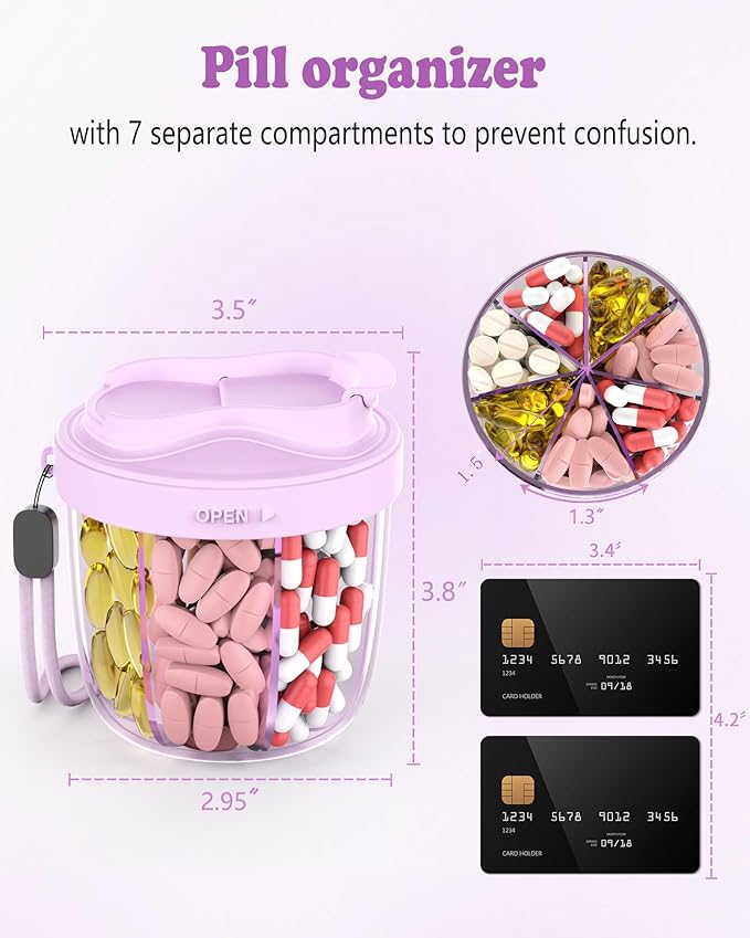 Pill Organizer with 7 Compartments, Pill Box Case for Holding 7 Different Vitamins, Anti-Mix Design for Easy Medication Retrieval. Travel Pill Organizer with 20 Labels. Pill Container（Purple）
