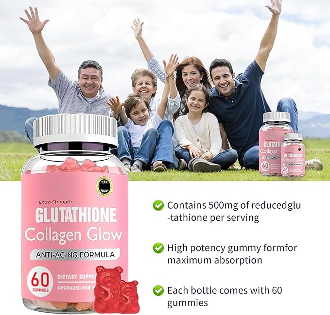 Collagen Peptides Gummies, Glutathione Collagen Glow Gummies, Korean Collagen Gummies to Rejuvenate Your Skin, Support Hair,Nail Health (2PCS)