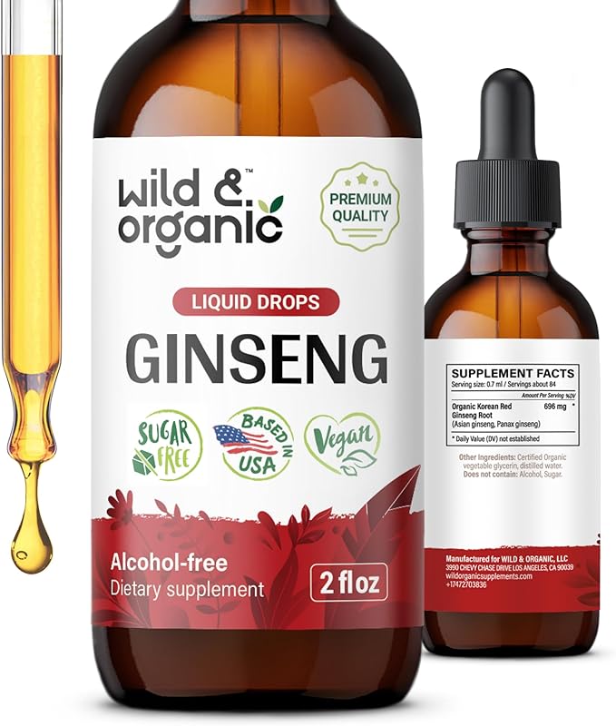 Wild & Organic Korean Red Ginseng Extract Drops - Immune Support - Panax Ginseng Supplement - Add to Tea Liquid Root Tincture - Vegan, Sugar & Alcohol-Free - 2 fl oz