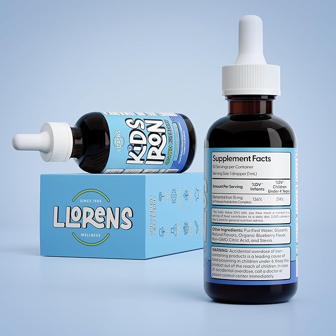 LLORENS PHARMACEUTICAL Kids Iron Supplement – Organic Blueberry Flavor – Iron Drops for Infants & Children – Sugar Free, Vegan, Gluten Free, No Artificial Flavors (1.7 oz, Organic Blueberry)