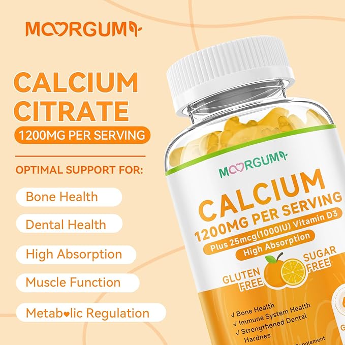 Calcium Citrate Gummies for Kids, Adult - 1200 mg with Vitamin D3 1000IU - Support Bone, Teeth, Immune Health, High Absorption Calcium and Vitamin D Supplement, Orange Flavor, 120 Count