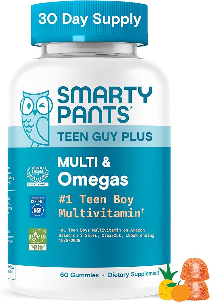 SmartyPants Teen Guy Plus Multi & Omegas Multivitamin Gummies with Omega 3 DHA/EPA, Vitamins D3, C, B12, B6, A, K, Zinc, Folate, Gluten Free, Clean Label, Pineapple Orange, 60 Gummies (30 Day Supply)