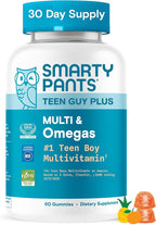 SmartyPants Teen Guy Plus Multi & Omegas Multivitamin Gummies with Omega 3 DHA/EPA, Vitamins D3, C, B12, B6, A, K, Zinc, Folate, Gluten Free, Clean Label, Pineapple Orange, 60 Gummies (30 Day Supply)