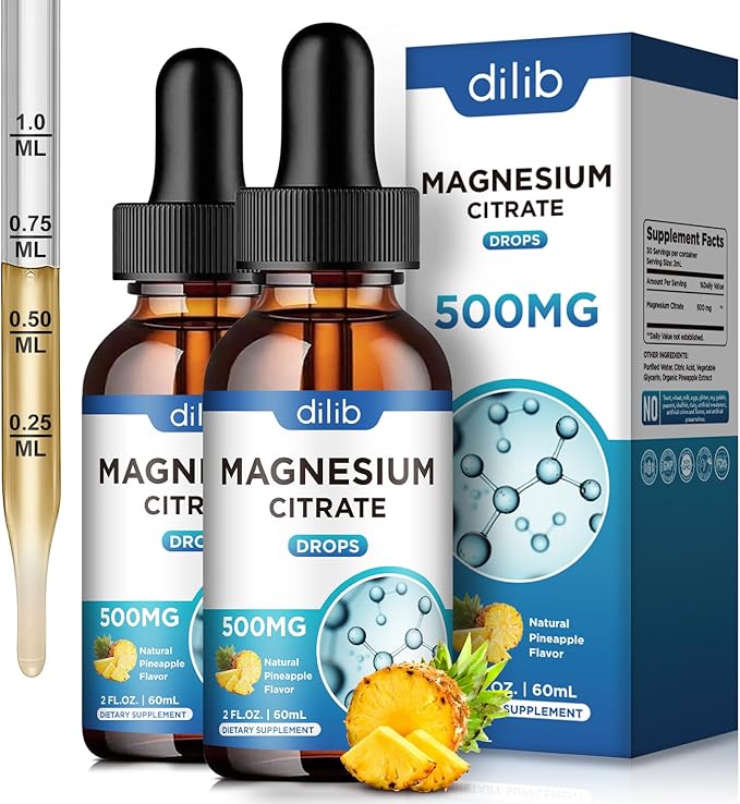 Magnesium Citrate Liquid Drops, Liquid Magnesium Supplement 500mg, Support Stress Relief, Sleep, Mood, Bones, Muscles, Relaxation, Vegan Natural Pineapple Flavor 4 Fl Oz