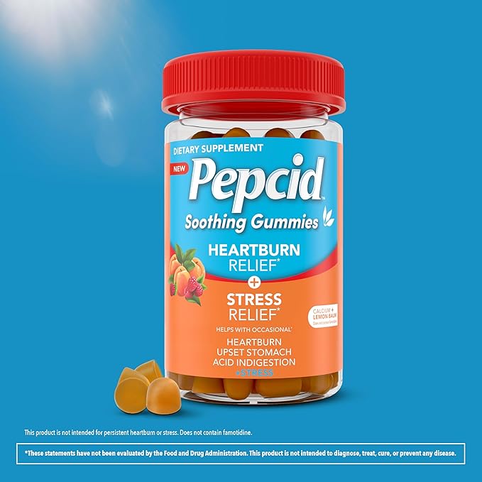 Pepcid Soothing Antacid Gummies, Heartburn Relief + Stress Relief for Occasional Heartburn, Upset Stomach, and Acid Indigestion, with Lemon Balm Extract, Tricalcium Phosphate, Peach-Raspberry, 32 ct