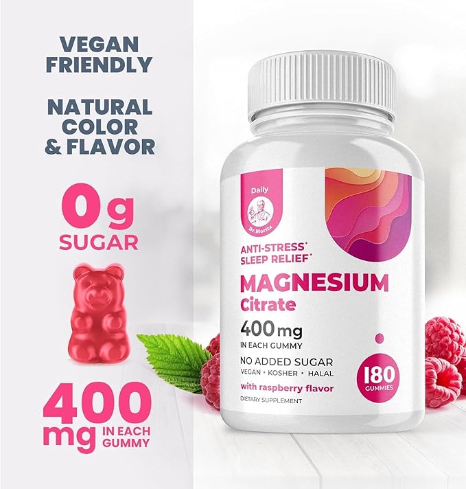 Dr. Moritz Magnesium Gummies for Adults - Low-Sugar 400 mg - Supports restful Sleep- Easy to Chew Adult and Kids Magnesium Citrate Gummies (180 Count) - Raspberry Flavored
