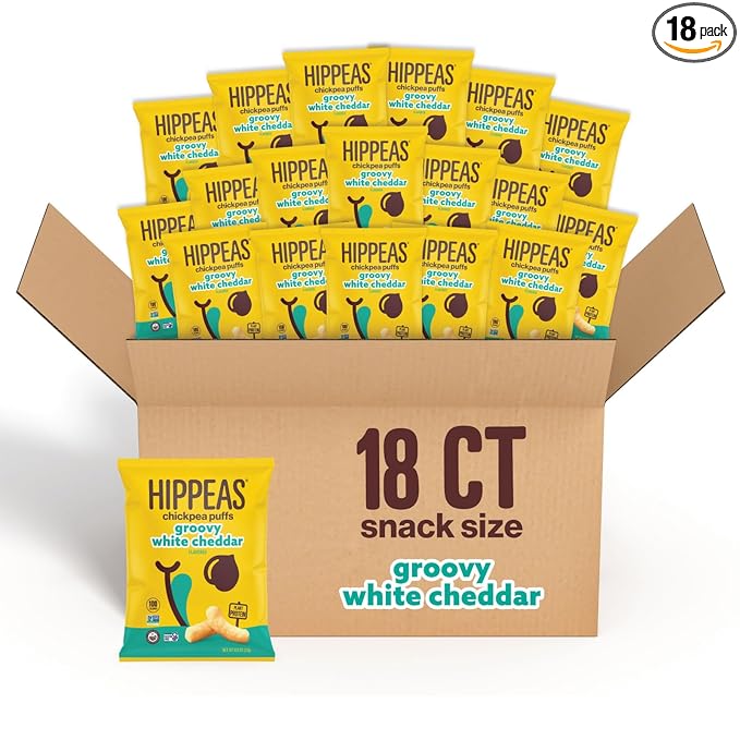 HIPPEAS Chickpea Puffs, Groovy White Cheddar, Gluten Free Snacks, Dairy Free, Vegan, 0.8oz, Pack of 18, 3g Protein, 2g Fiber, Crunchy, Nutritious, Baked Plant Protein Snack, Non-GMO, Kosher