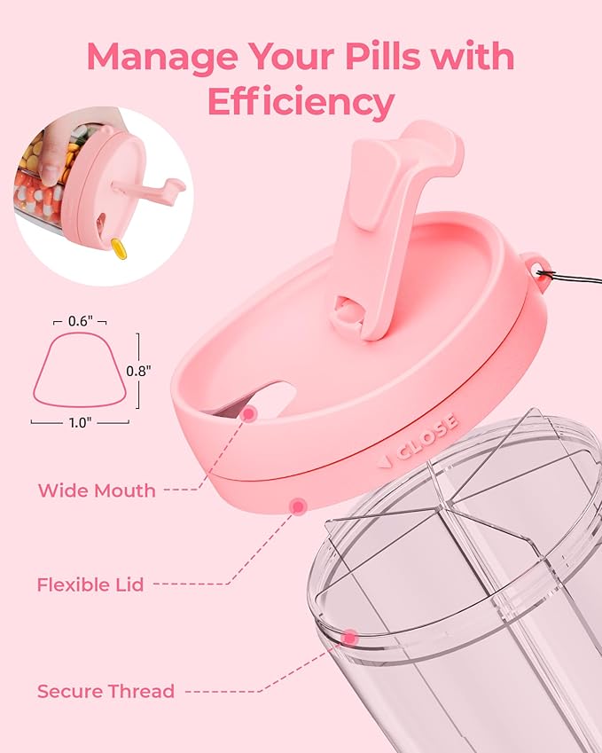 AMOOS Large Pill Dispenser with 6 Compartments, Anti-Mix Pill Bottle Organizer with Wide Opening & Easy Retrieval, Vitamin Organizer for Travel, BPA-Free Pill Box with a Strap, Pink