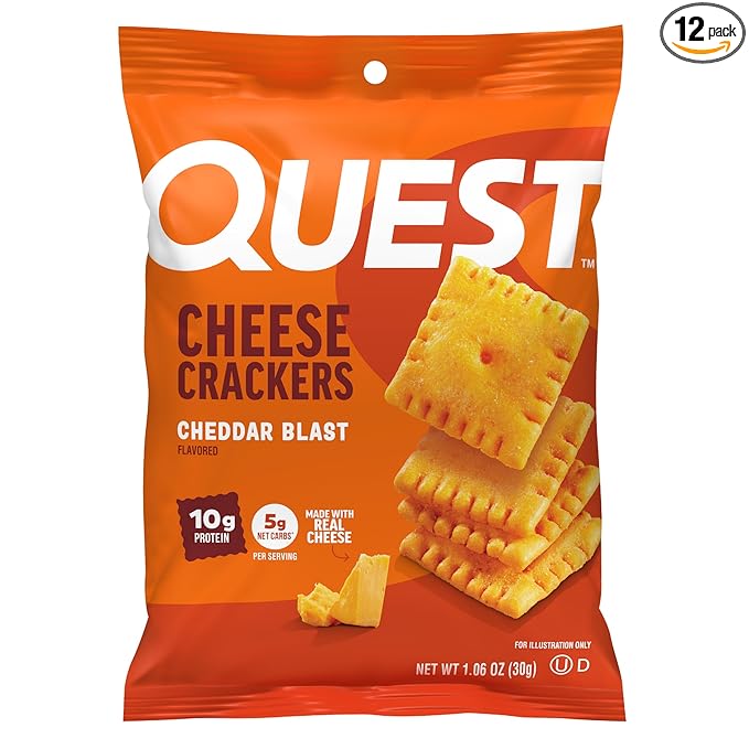 Quest Nutrition Cheese Crackers, Cheddar Blast, 10g Protein, 5g Net Carbs, 1g Sugar, Made with Real Cheese, High Protein Snack, 12 Packs (1.06 oz Bags)