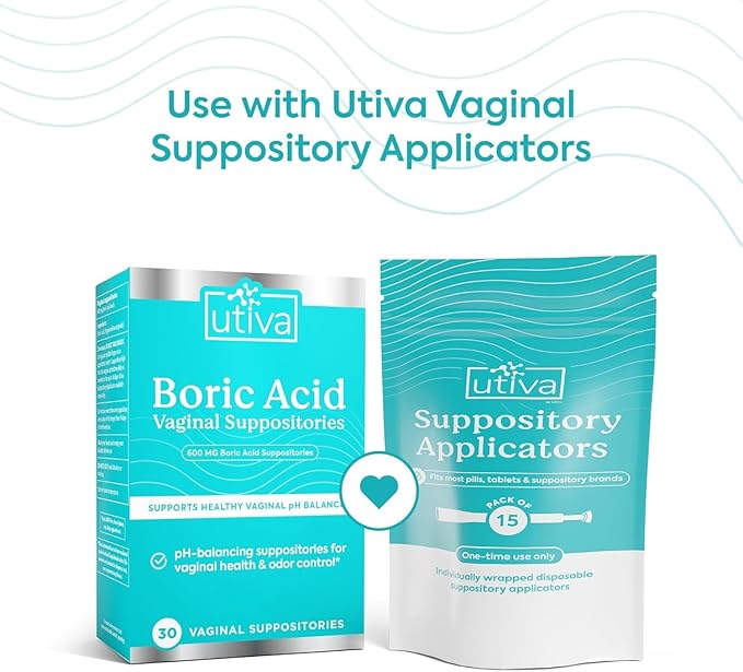 Szio+ Utiva Boric Acid Suppositories for Women - pH Balance - Feminine Care - 600mg Boric Acid to Lower pH and Support Vaginal Health, BV Treatment for Women, 30 Vaginal Suppositories