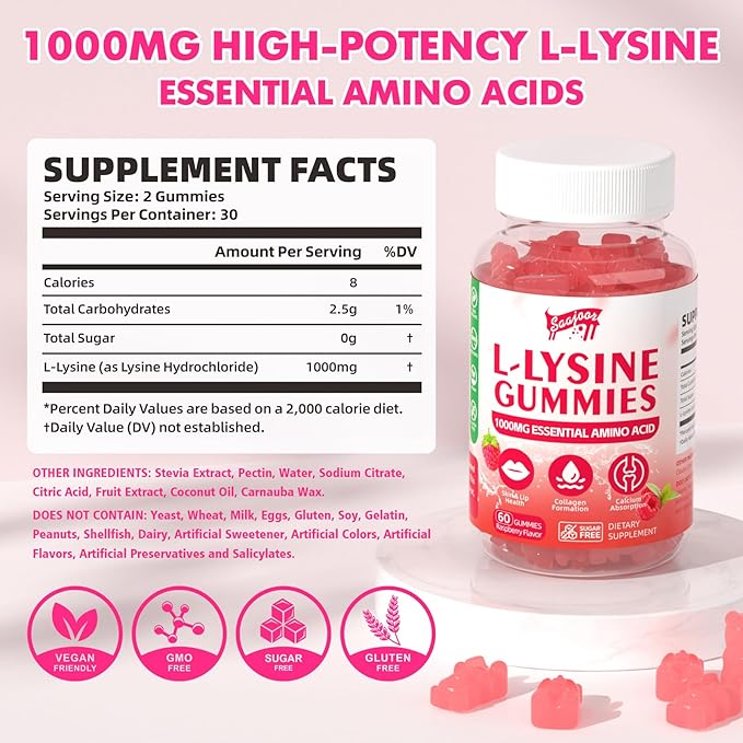 L-Lysine 1000mg Gummies for Immune Support & Skin Health - Vegan, Gluten Free Amino Acid Supplement for Adults, Raspberry Flavor, 120 Gummies