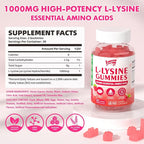 L-Lysine 1000mg Gummies for Immune Support & Skin Health - Vegan, Gluten Free Amino Acid Supplement for Adults, Raspberry Flavor, 60 Gummies