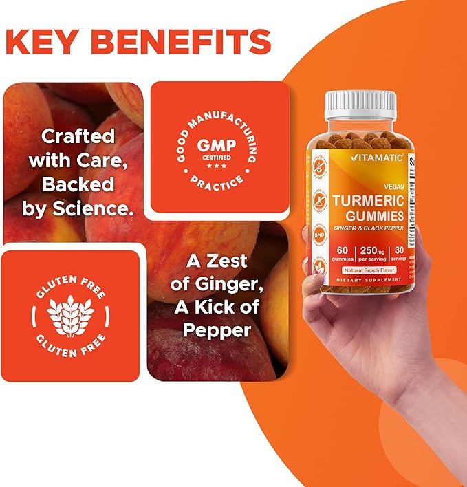 Vitamatic Turmeric Gummies with Ginger & Black Pepper Extract – 60 Vegan Gummies 95% Curcuminoids – Powerful Antioxidant & Inflammatory Support