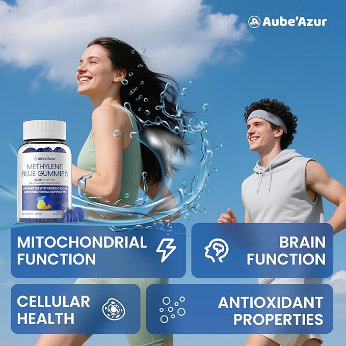 Aube'Azur Methylene Blue Gummies for Humans, 14mg Methylene Blue Supplement with L-Theanine, NAC, Nicotinamide & CoQ10 for Men Women, Fast-Absorbing, Vegan, Sugar-Free, Blueberry Flavor, 60 Count