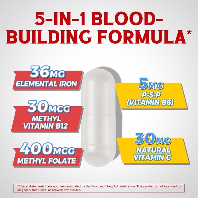 Iron Supplement for Women & Men, with Vitamins C, B6, B12 & Folate for Iron Deficiency, Blood Building & Energy Support, Stomach Friendly, Better Absorption, Non-GMO, No Gluten, 60 Vegan Caps