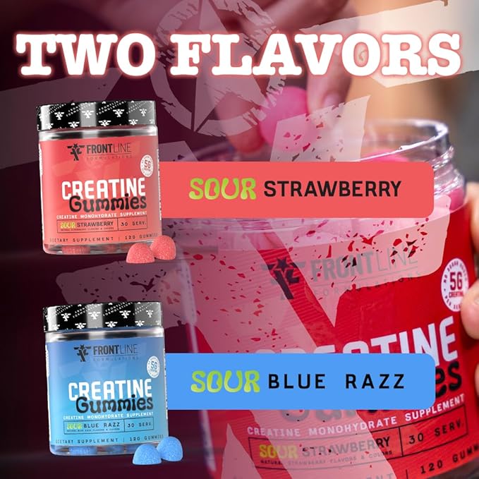 Creatine Monohydrate Gummies, 5g Creatine per Serving, Sugar-Free Creatine Supplement for Strength, Lean Muscle & Cognitive Support, Sour Strawberry, 120 Gummies