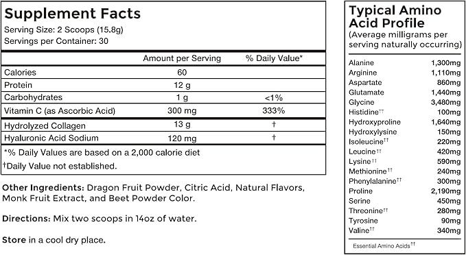 Collagen Peptides with Hyaluronic Acid & Vitamin C - Dragon Fruit Flavor (1lb/474g), Supports Skin, Hair, and Gut Health, 13g Hydrolyzed Collagen, Zero Sugar, High in Protein, Naturally Flavored