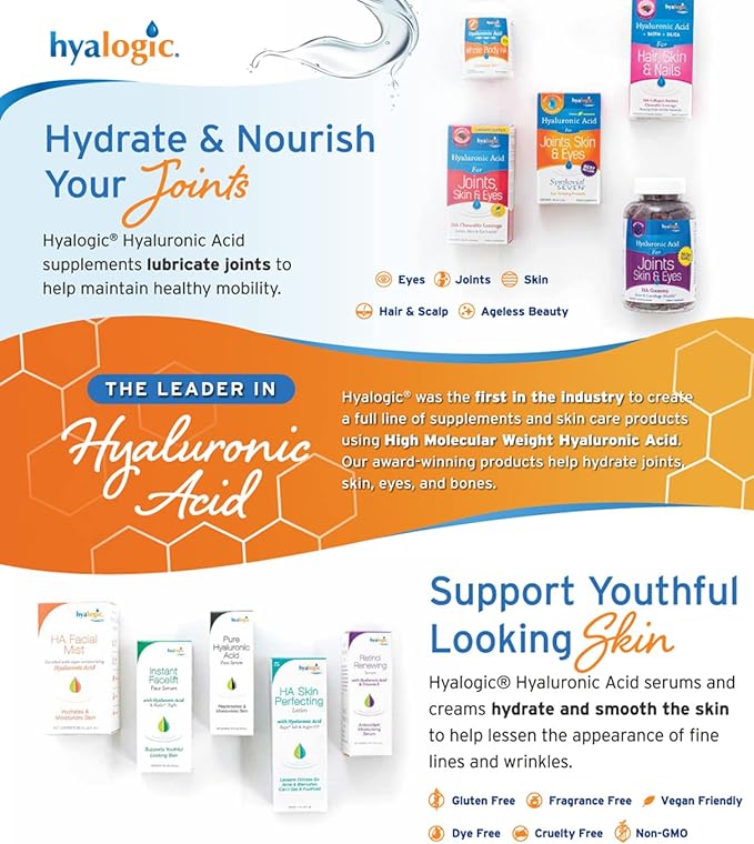 Hyalogic Synthovial Seven Hyaluronic Acid Liquid & Resveratrol Capsules - HA Joint Support - Vegan - 1 oz