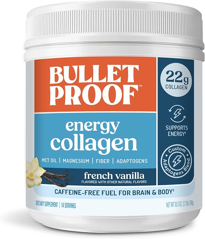 Bulletproof Energy Collagen Protein Powder, Vanilla Bean, 20g Grass-Fed Collagen Peptides, 7g Fiber with MCT Oil & Adaptogens, Caffeine-Free, 18.3 Ounces