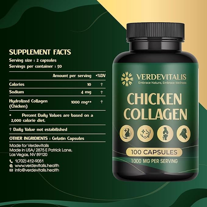 Chicken Collagen Type ii Capsules -Nutritional Supplement for Joint, Skin & Bone Support-Non-GMO, Anti-Aging Supplements with Hydrolyzed Collagen Peptides - 100 Capsules