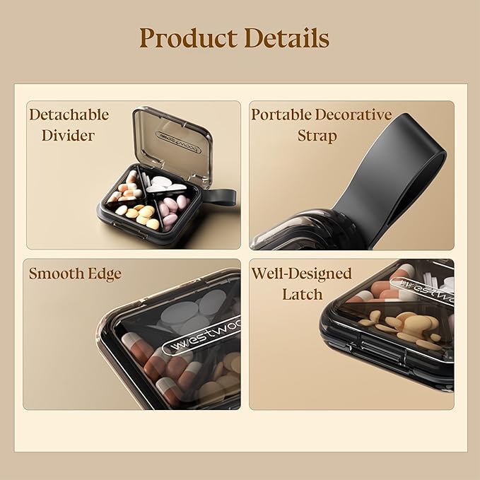 1 Pack Grey Pill Organizer with Strap, 4 Compartments, Compact Travel Pill Box Case, Portable and Moistureproof to Store Vitamins, Medication and Supplements