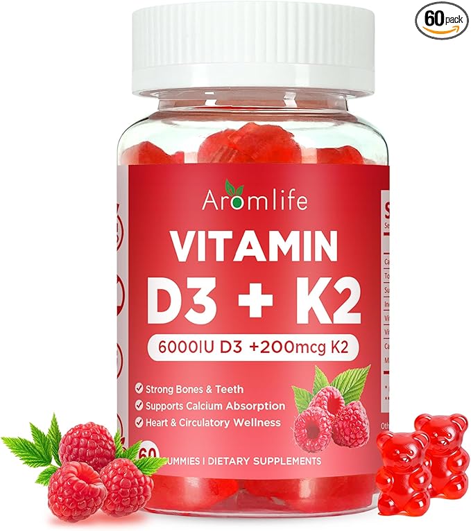 Aromlife Vitamin D3 K2 Gummies for Bone Teeth, 6000IU D3 + 200mcg K2 Per Serving High Absorption Vitamin Gummies with Calcium & Magnesium for Women Men, 60 Count Raspberry Flavor Vegan Gluten-Free