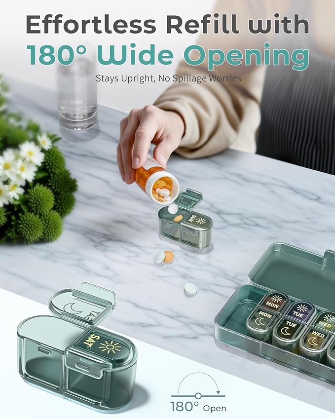 Pillex Pill Organizer 2 Times a Day, AM PM Pill Box 7 Day, Weekly Medicine Organizer with Large Capacity, Travel Pill Case for Medication, Vitamins, Fish Oils, Supplements (Easy to Use, Portable)