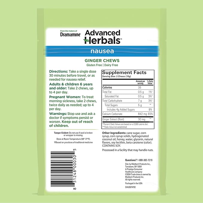 from The Makers of Dramamine, Advanced Herbals Ginger Chews for Nausea Relief, Morning Sickness Relief & Motion Sickness Relief During Travel, Lemon-Honey, 40 Count