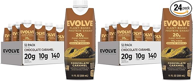 Evolve Plant Based Protein Shake, Chocolate Caramel, 20g Vegan Protein, Dairy Free, No Artificial Sweeteners, Non-GMO, 10g Fiber, 11oz, (24 Pack)