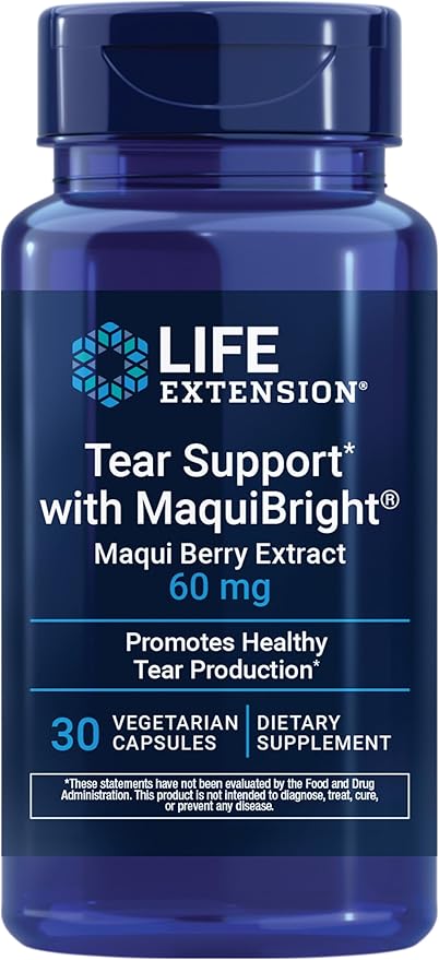 Life Extension Tear Support with MaquiBright®, 60 mg, Maqui Berry Extract for Dry Eyes, Supports Eye Health, Encourages Tear Production, Gluten-Free, Non-GMO, 1 Daily, Vegetarian, 30 Capsules