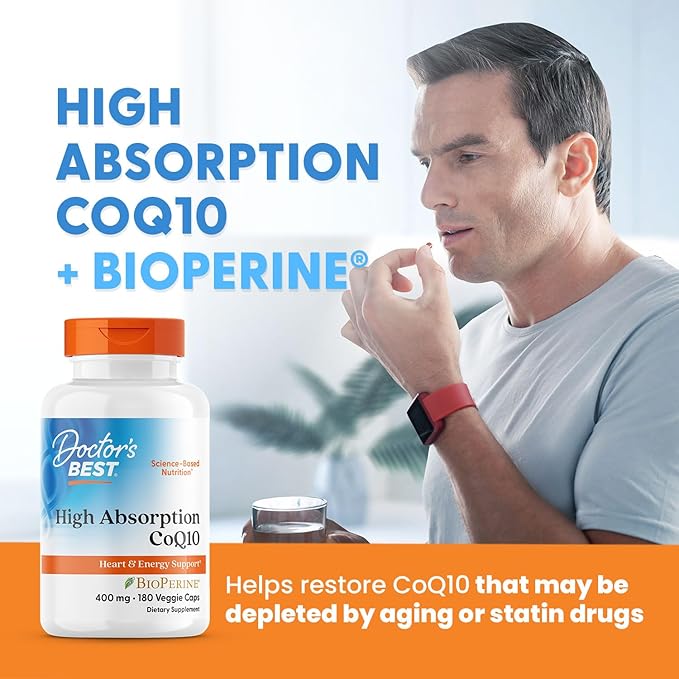 Doctor's Best High Absorption CoQ10 400mg with BioPerine Supplement - Coenzyme Q10 Caps for Heart Health & Antioxidant Support, CoQ10 400 mg for Women & Men, Non GMO - 180 Veg Capsules