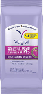 Vagisil Maximum Strength Feminine Anti-Itch Cream & Wipes with Benzocaine for Women, Instant Relief, 20 Wipes (Pack of 1)