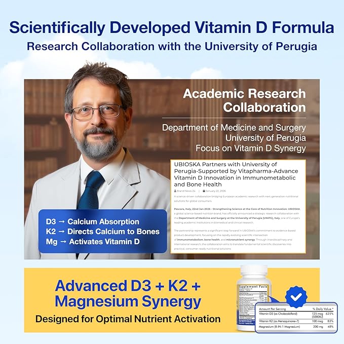UBIOSKA Vitamin D3 K2 Magnesium Supplement – 5000 IU D3 + MK-7 K2 with 8-Form Magnesium (Glycinate, Taurate, Malate) for Calm Sleep, Stress Relief, Mood Balance & Strong Bones – 60 Capsules