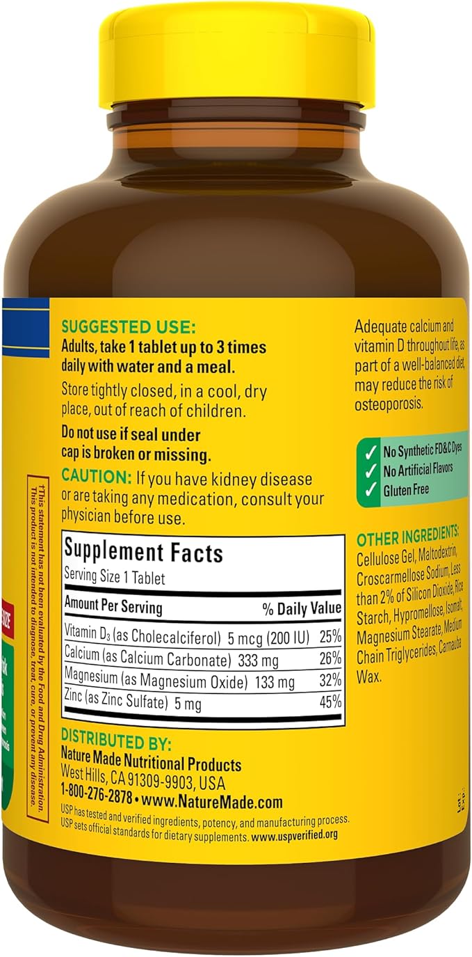 Nature Made Calcium Magnesium Zinc with Vitamin D3, Dietary Calcium Supplement for Bone Support, 300 Tablets
